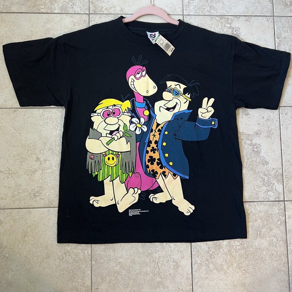 Vtg Flintstones Woodstock Fred Barney BIG Graphic Shirt 1993 RARE MED TV Novelty